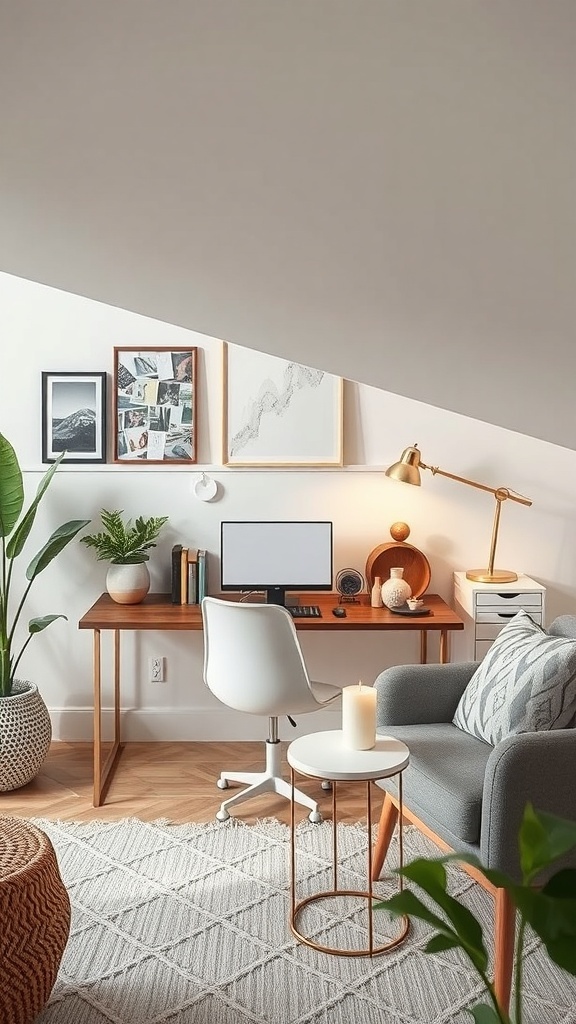 A cozy small desk setup featuring a wooden desk, white chair, plants, and decorative items.