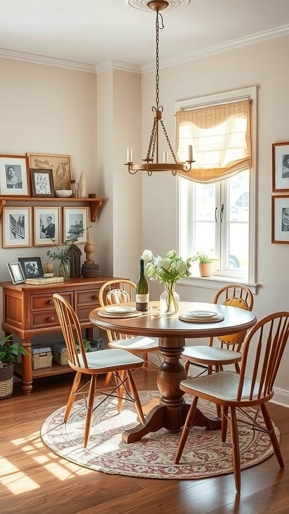 A cozy small dining room with a round table, wooden chairs, and personal decor.