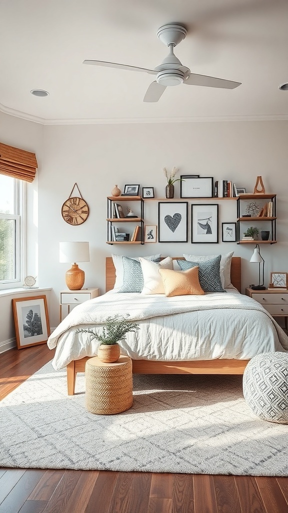 A modern bedroom featuring a wooden bed, decorative pillows, wall art, and plants.