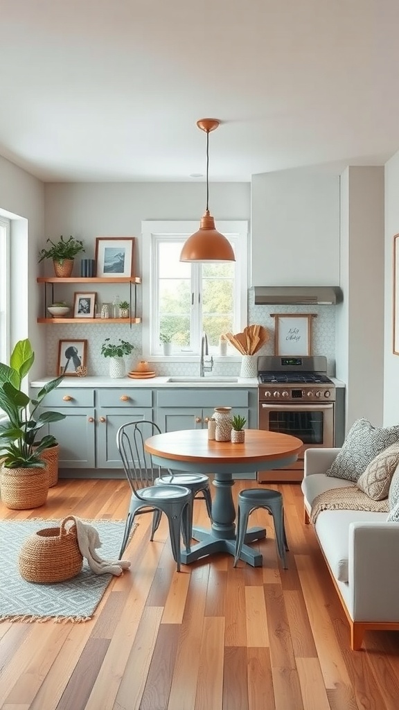 A cozy apartment kitchen with blue cabinets, wooden accents, plants, and a round table.