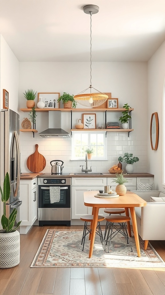 A cozy small kitchen with modern appliances, wooden shelves, and a dining area.