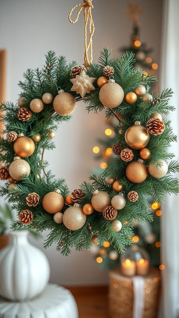 A festive wreath decorated with golden ornaments and pinecones, hanging in a cozy setting.