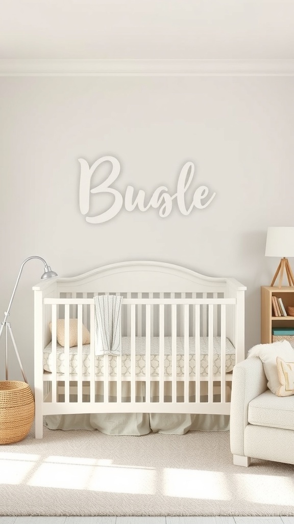 A cozy nursery featuring a crib and a personalized name sign on the wall.