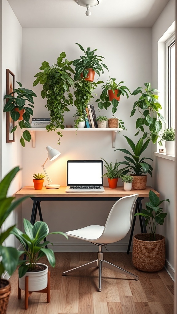 A cozy tiny home office with various plants, a desk, and a laptop.