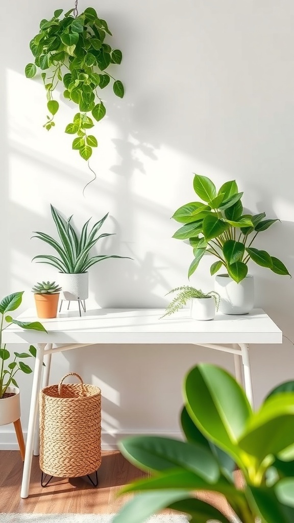 A bright desk with various plants, including a hanging plant and potted plants, creating a fresh atmosphere.