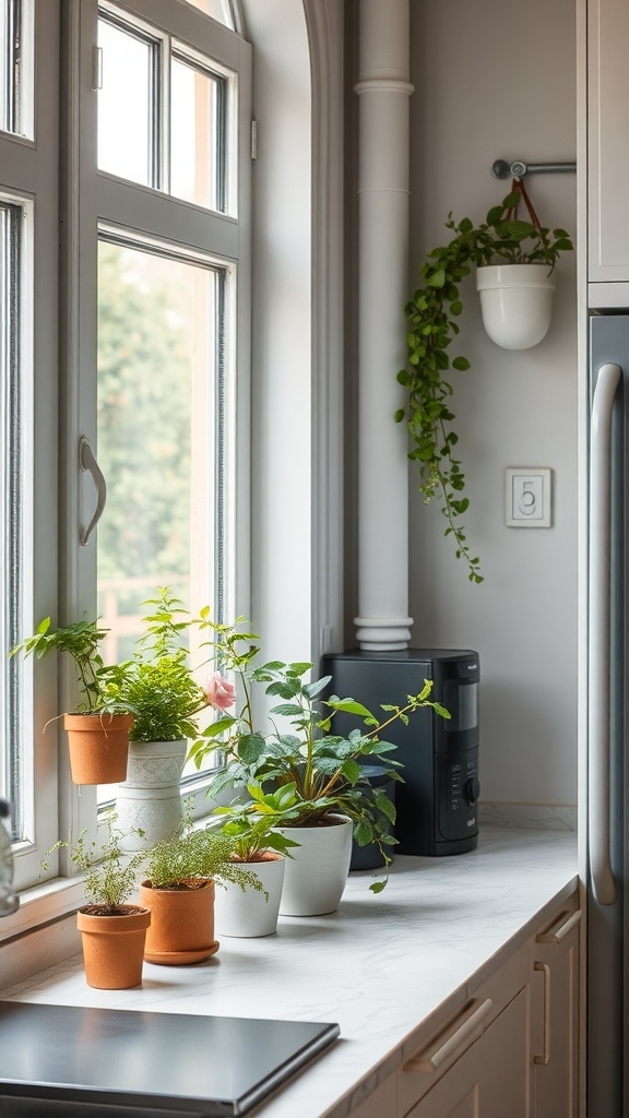 A cozy kitchen window with various potted plants on the countertop, adding a fresh feel to the space.