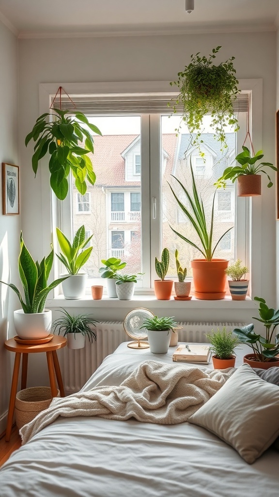 A cozy bedroom with various plants near a window, showcasing a fresh and inviting atmosphere.