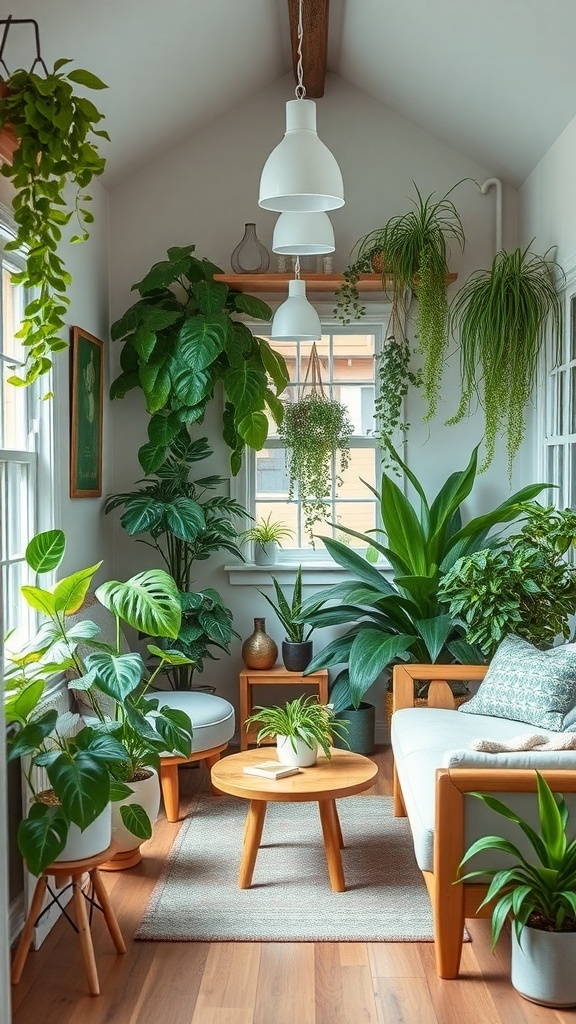 A cozy room filled with various indoor plants, showcasing a bright and inviting atmosphere.