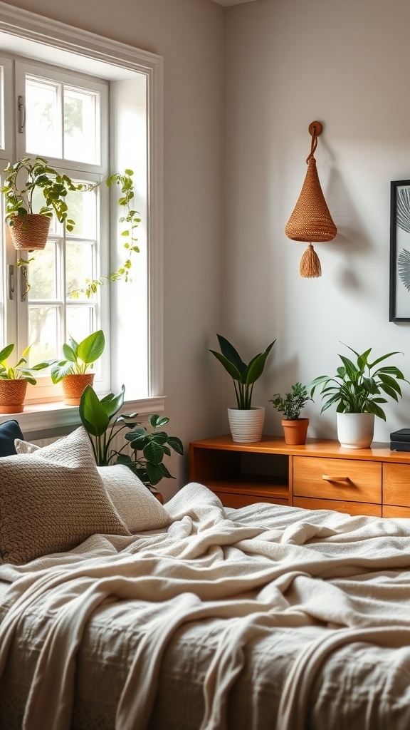 A cozy guest bedroom with various plants, including hanging plants by the window and potted plants on a wooden dresser.
