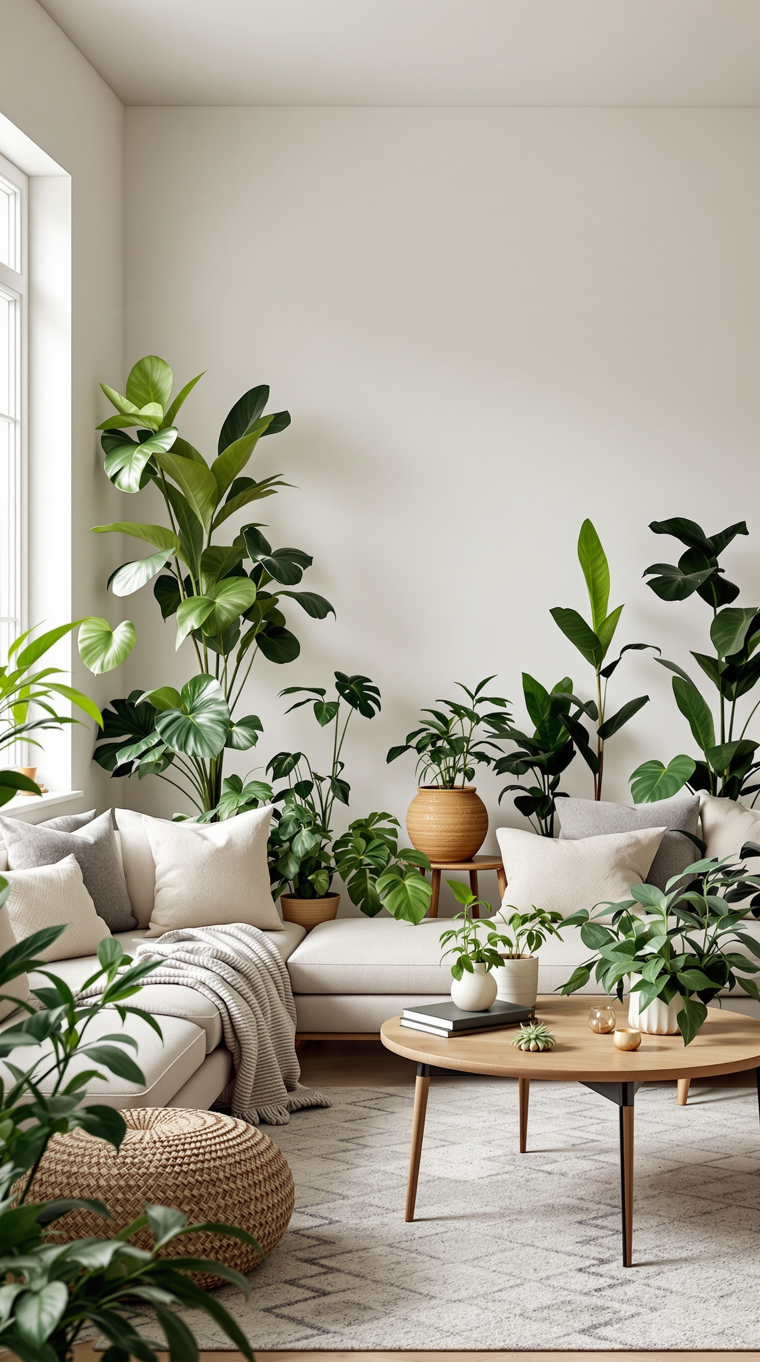A cozy family room filled with various indoor plants, featuring a comfortable sofa and a round coffee table.