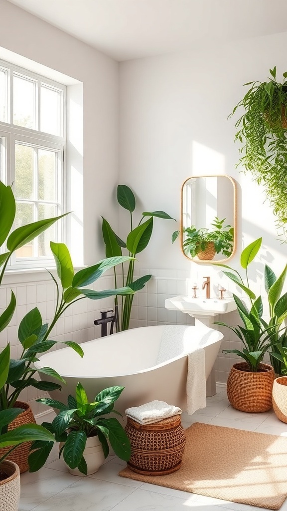 Bright bathroom with a bathtub surrounded by various indoor plants in decorative pots.