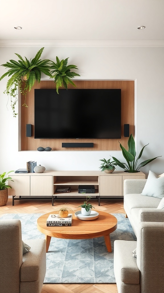 A modern living room with a TV feature wall, featuring plants hanging above the TV and on the coffee table.