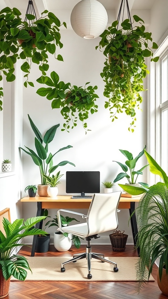 A bright home office with various plants, including hanging and potted plants, surrounding a desk with a computer.