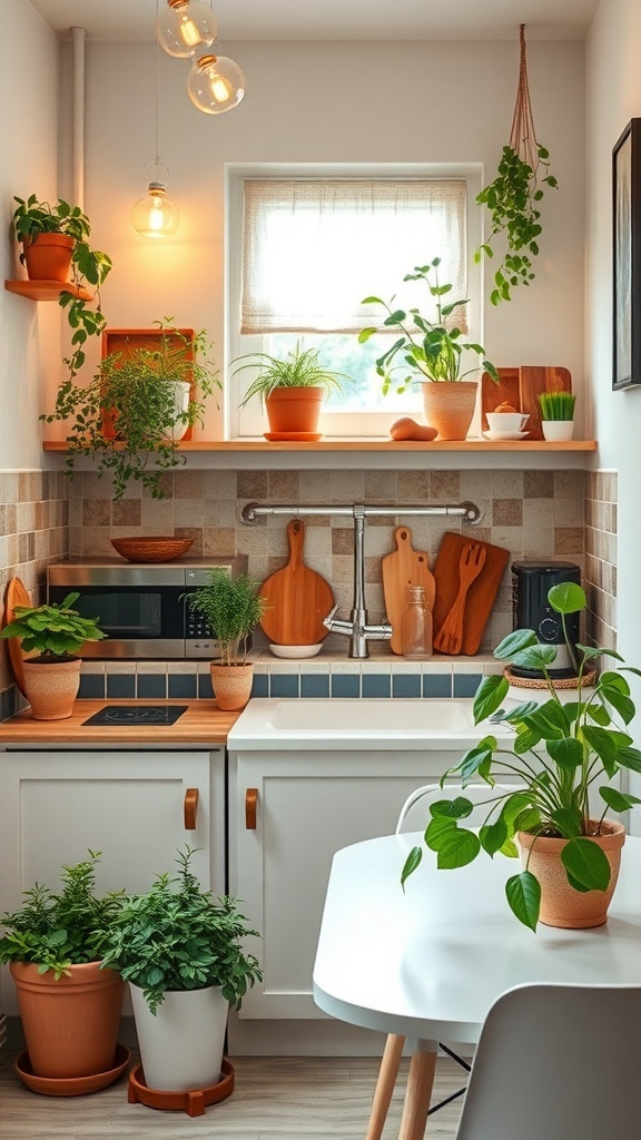 A small apartment kitchen with various plants on shelves and the floor, creating a fresh and inviting atmosphere.