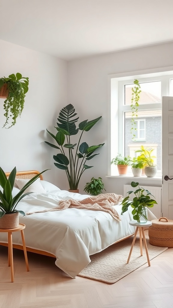 A neutral bedroom with various plants, showcasing a cozy and fresh atmosphere.