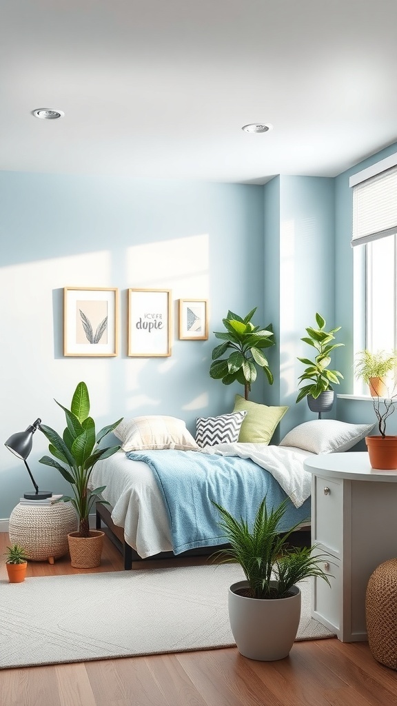 A light blue dorm room featuring a bed, plants, and decorative items.