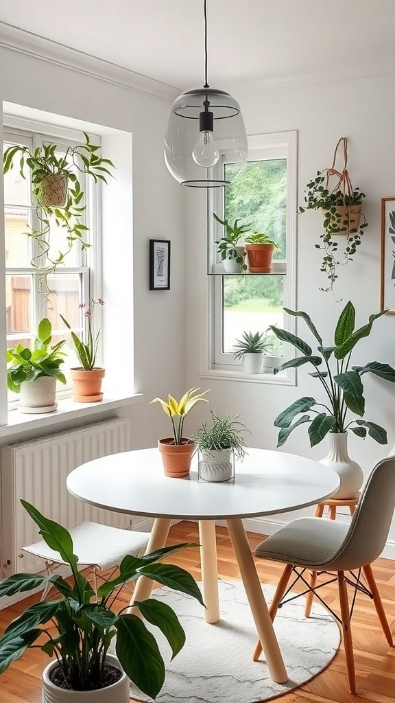 A small dining room with a round table surrounded by various plants, creating a fresh and inviting atmosphere.