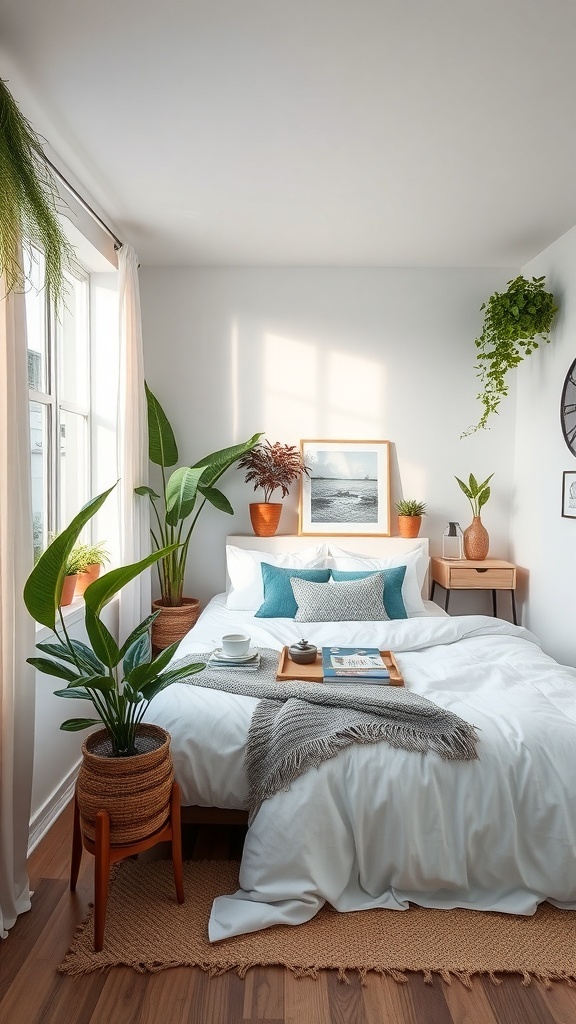 A small master bedroom decorated with various plants, featuring a cozy bed, natural light, and a warm color scheme.