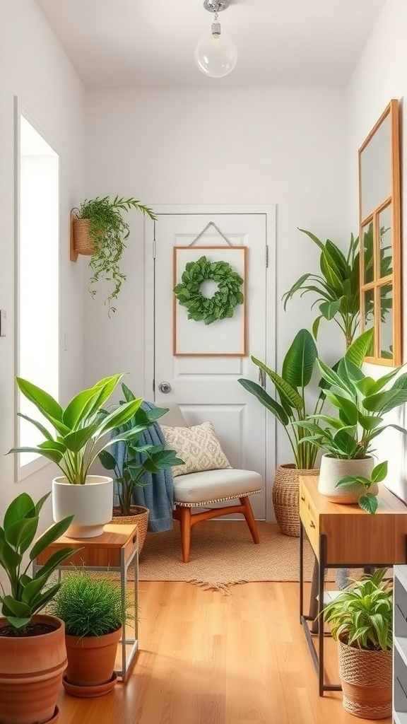 A bright entryway filled with various plants, a cozy chair, and a decorative wreath on the door.