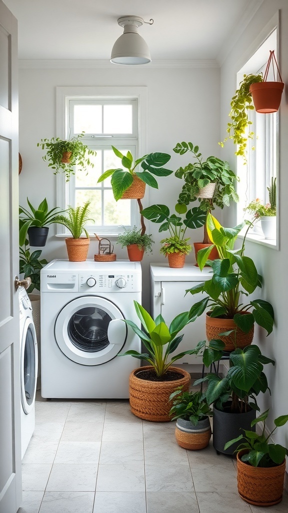 A bright utility room filled with various indoor plants, showcasing a washing machine and a clean, organized space.
