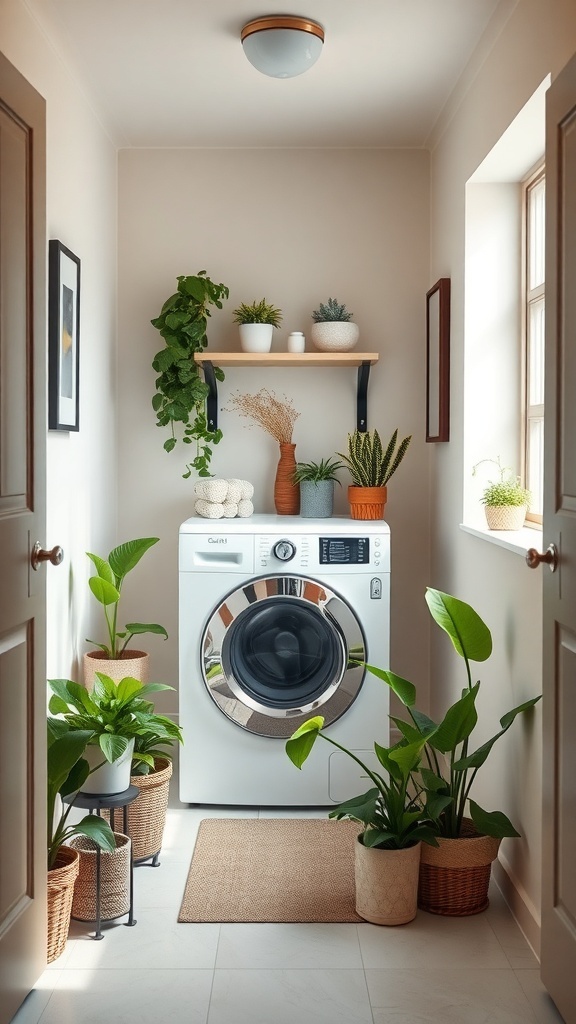 A small laundry room featuring a washing machine surrounded by various indoor plants in woven baskets and pots.