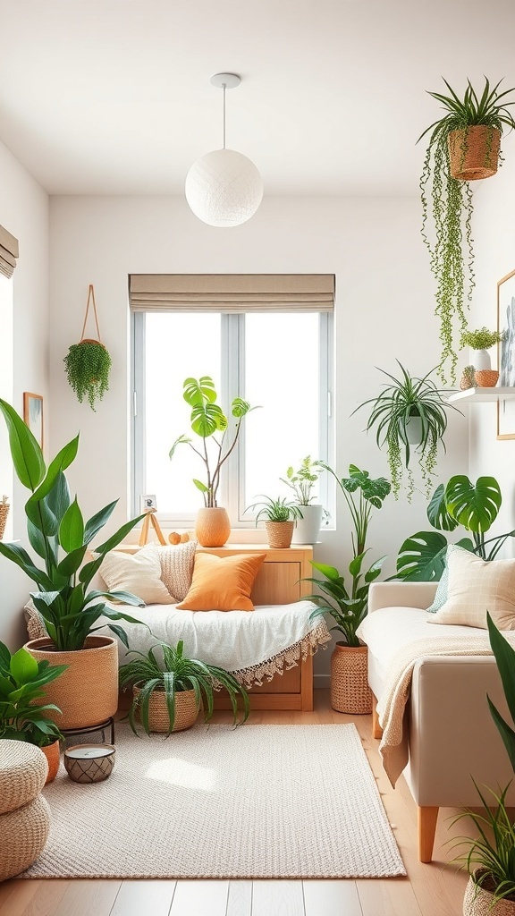 A cozy dorm room filled with various plants, showcasing a fresh and inviting atmosphere.