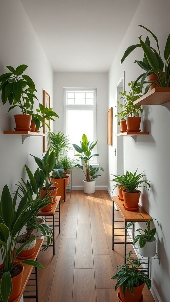 A narrow hallway decorated with various potted plants on shelves, creating a fresh and inviting atmosphere.