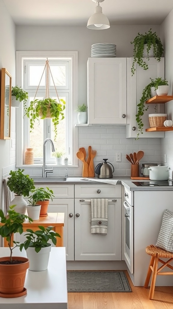 A small, bright kitchen featuring various plants in pots, hanging planters, and a cozy atmosphere.