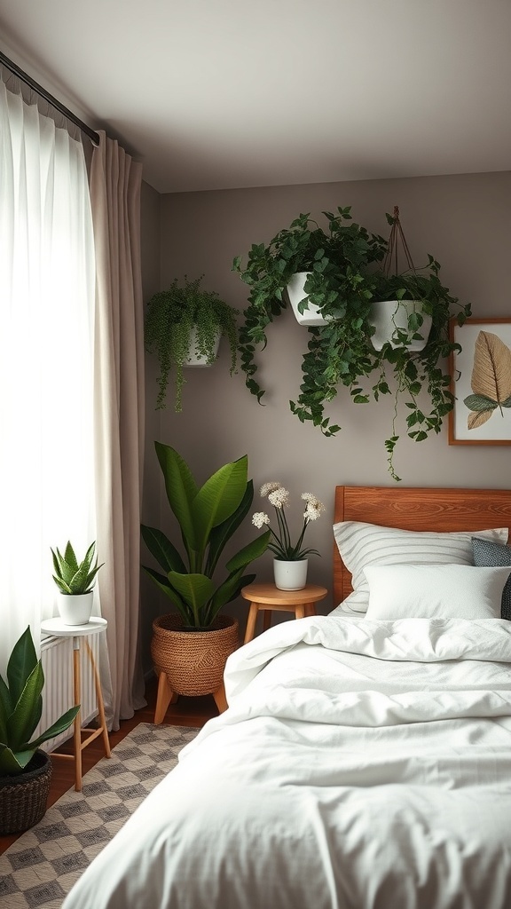 A cozy teen bedroom featuring various indoor plants, including hanging and potted plants, with soft bedding and natural light.