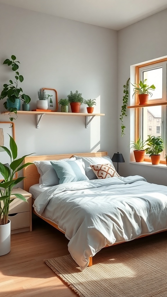 A small teen bedroom with a bed, decorative pillows, and various plants on shelves and windowsills.
