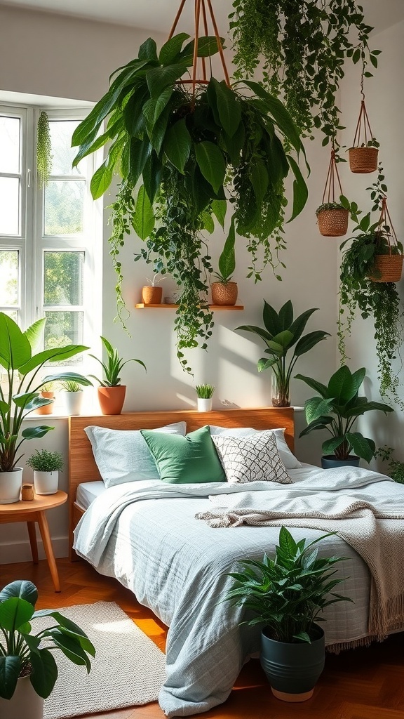 A cozy bedroom filled with various plants, including hanging and potted ones, creating a fresh and inviting atmosphere.