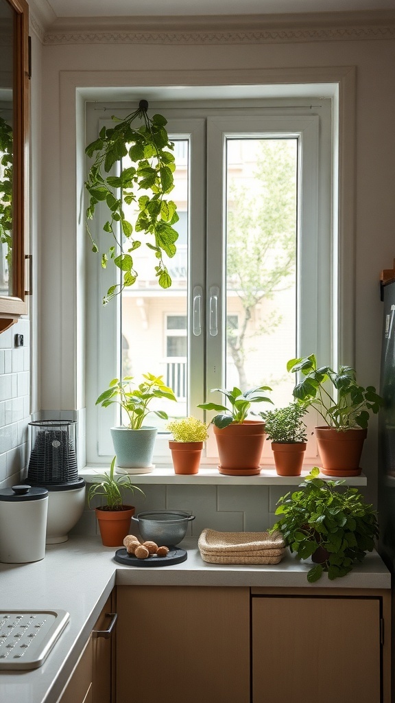 A bright kitchen window with various potted plants, including herbs, arranged on a windowsill.