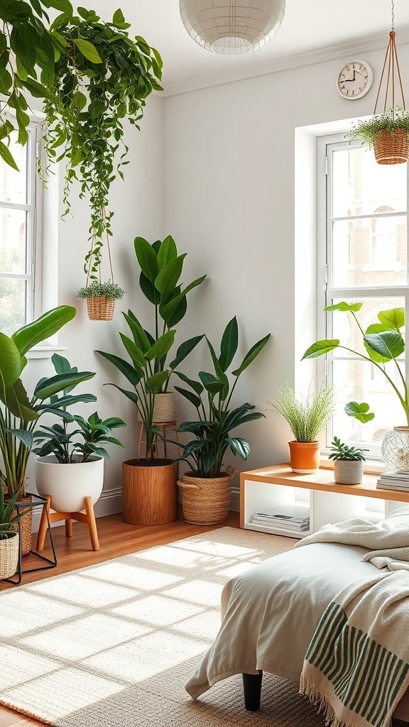 A bright bedroom filled with various plants, including hanging and potted greenery, creating a fresh and lively atmosphere.