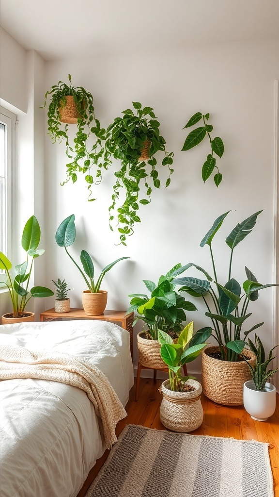 A cozy bedroom with various plants, including hanging and potted plants, creating a fresh atmosphere.