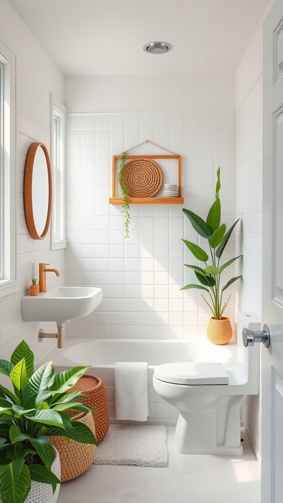 A bright and modern bathroom with plants in stylish pots, showcasing a fresh and inviting atmosphere.