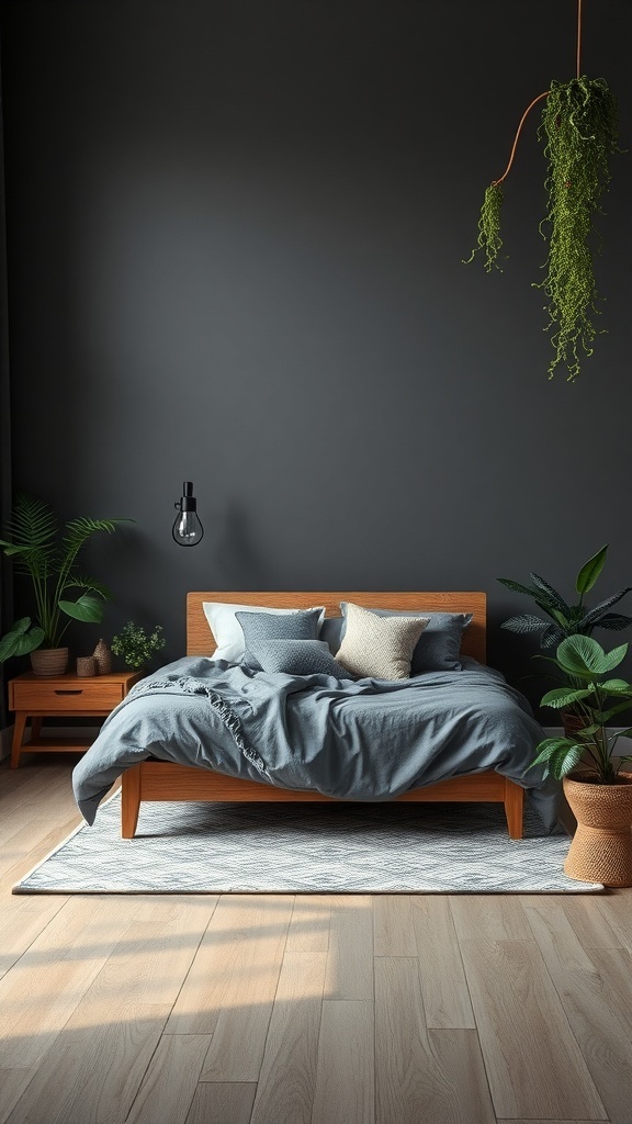 Dark grey bedroom featuring a bed with grey bedding, wooden furniture, and various plants.