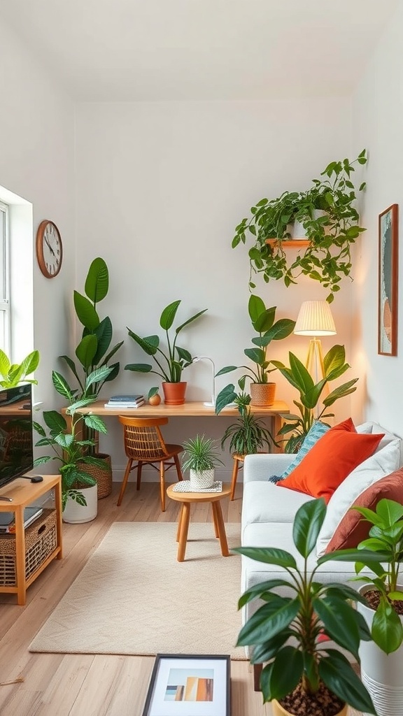 A cozy studio apartment filled with various plants, showcasing a bright and inviting atmosphere.