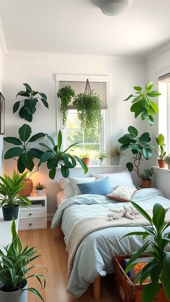 A cozy teen bedroom filled with various plants, showcasing a fresh and inviting atmosphere.