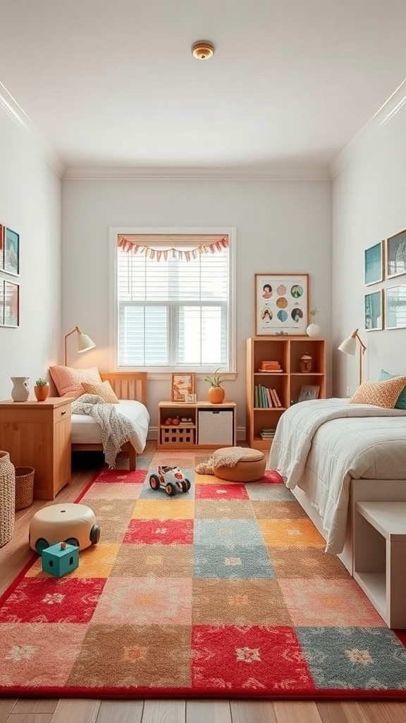 A small shared kids bedroom featuring two beds, a colorful rug, and playful decor.