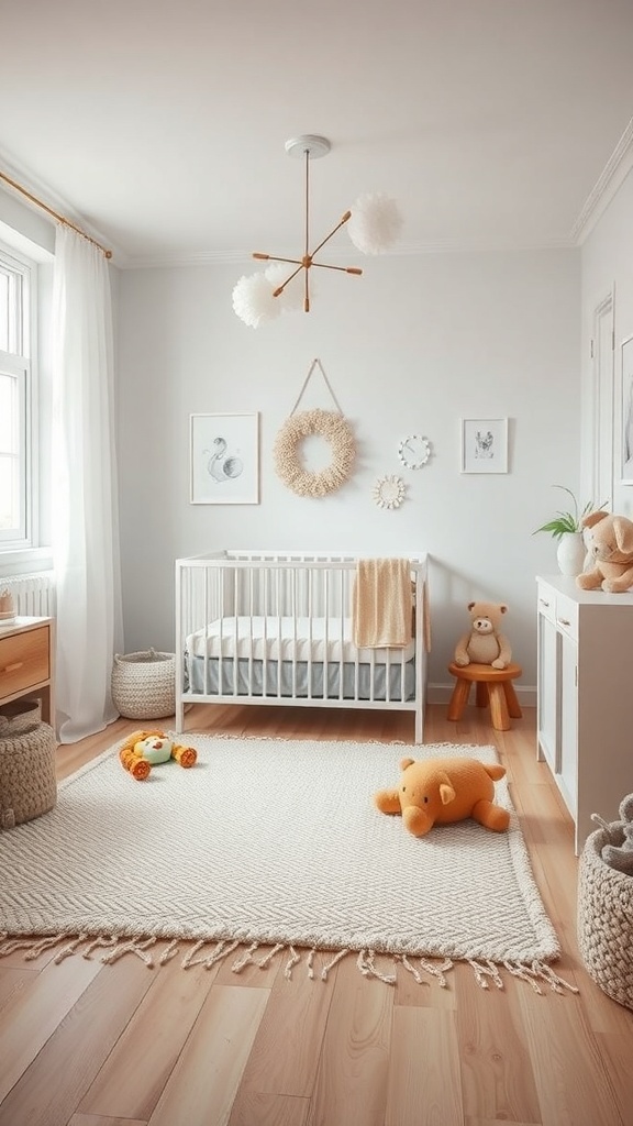 A small nursery with a crib, play area, and soft rug