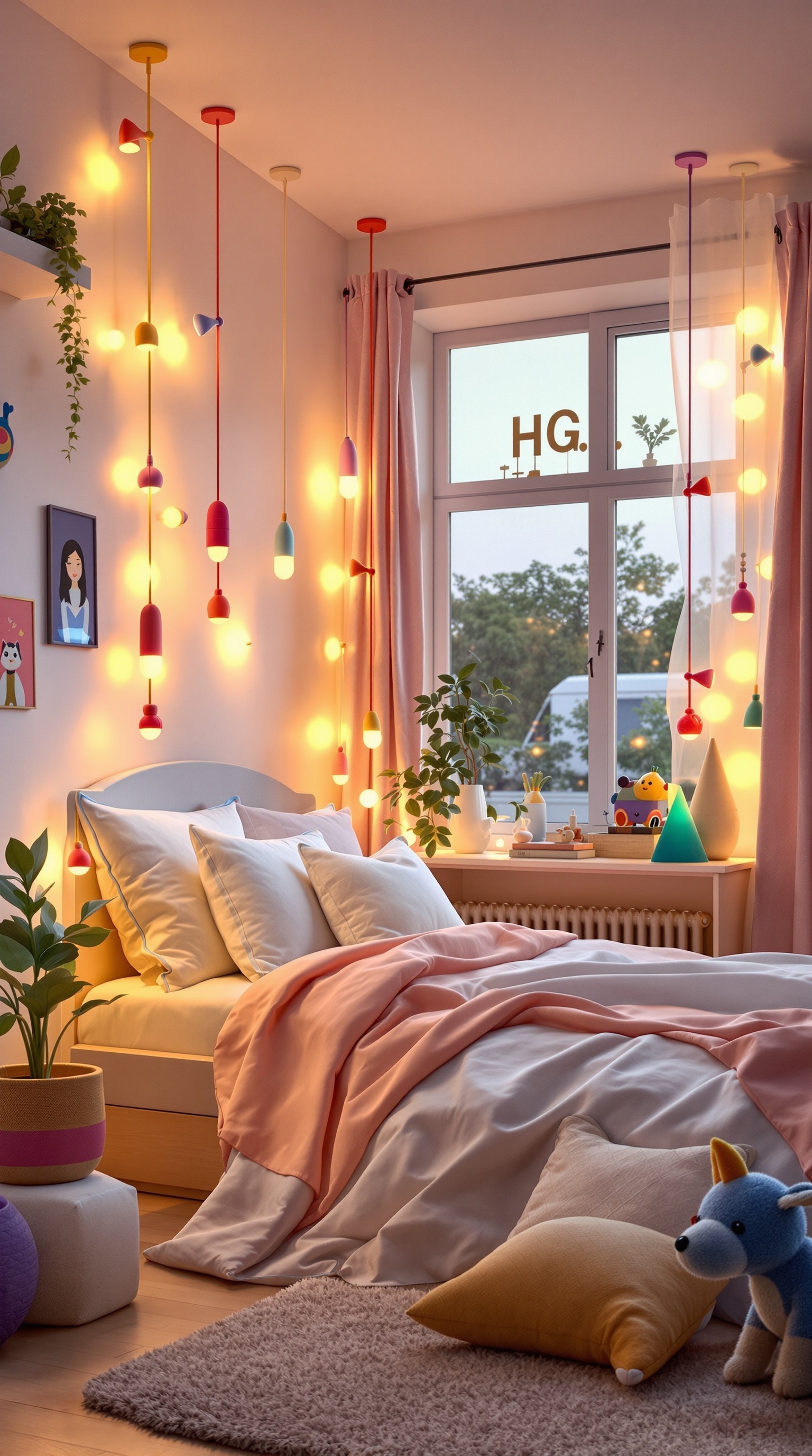 A colorful shared bedroom for a boy and girl with playful lighting fixtures hanging from the ceiling.
