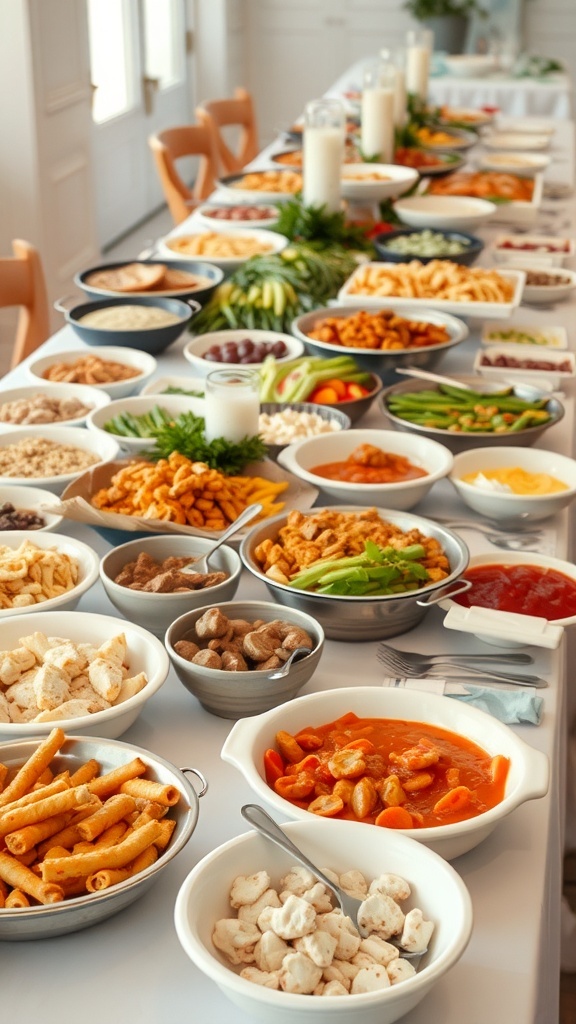 A beautifully arranged table displaying a variety of potluck dishes at a wedding reception.