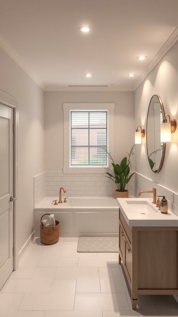 Bright and well-lit basement bathroom featuring modern fixtures and warm tones.