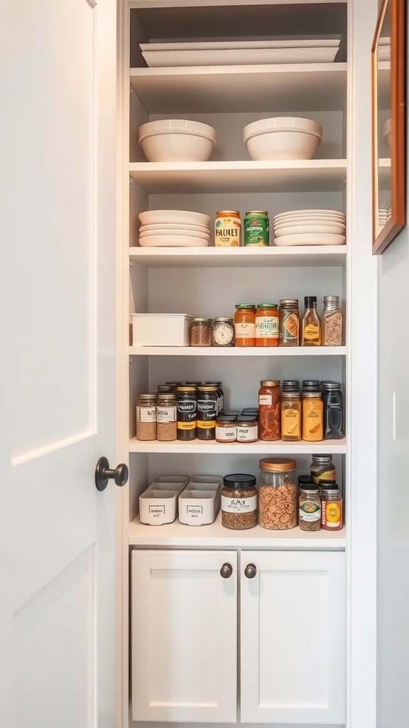 A small walk-in pantry featuring organized pull-out shelves with jars and containers.