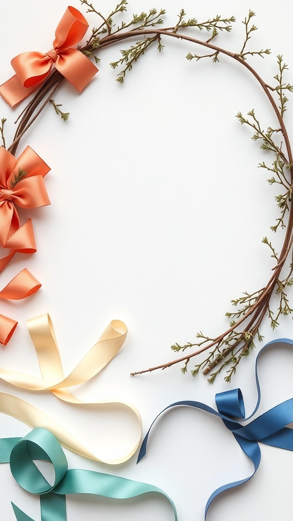 Colorful ribbons in orange, yellow, and blue arranged around a wreath frame
