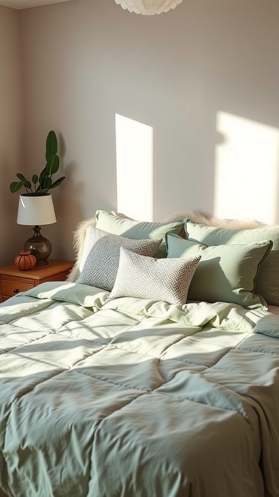 A cozy bedroom featuring sage green bedding, layered pillows, and natural light.