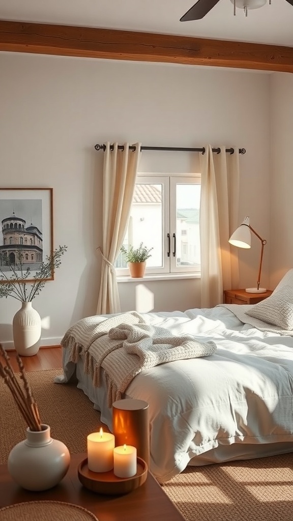A cozy bedroom with soft lighting, candles, and natural decor.