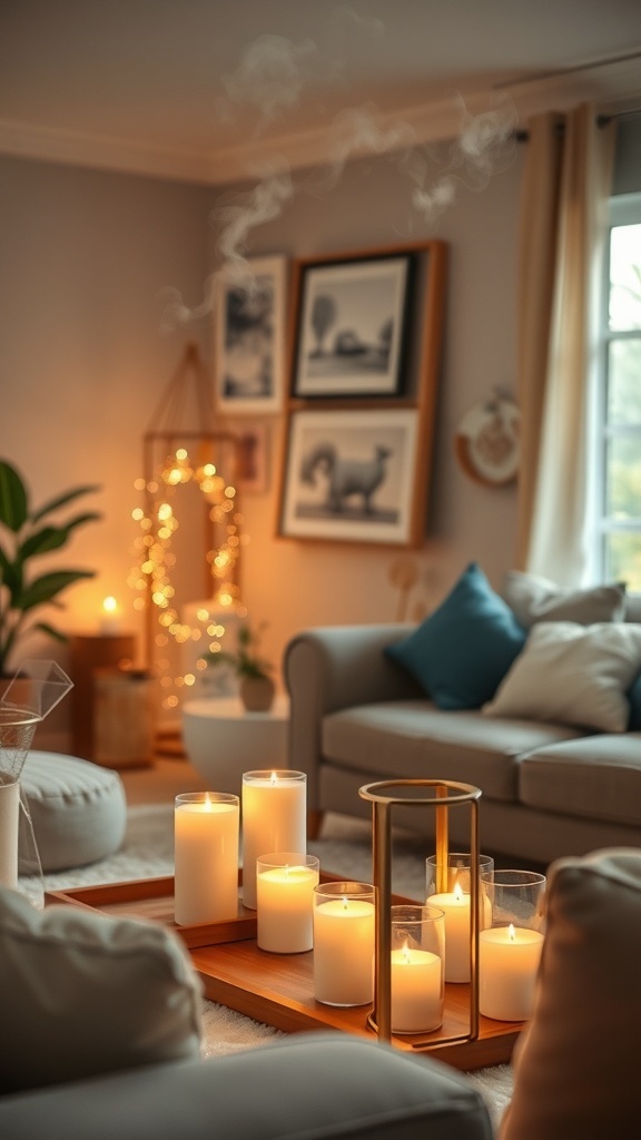 A cozy living room with candles, soft lighting, and decorative elements.