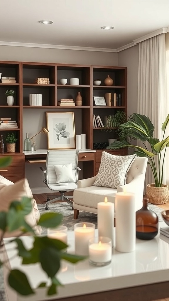 A cozy home office featuring a desk, comfortable chair, candles, and plants.