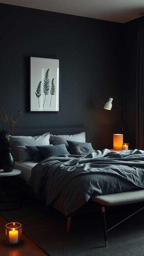 A cozy dark bedroom with soft bedding, warm lighting, and candles creating a relaxing atmosphere.